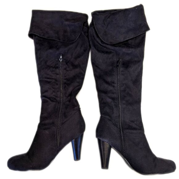 Venus pull-on black suede boots, side zip, over the knee option, 3" heel - Picture 1 of 5